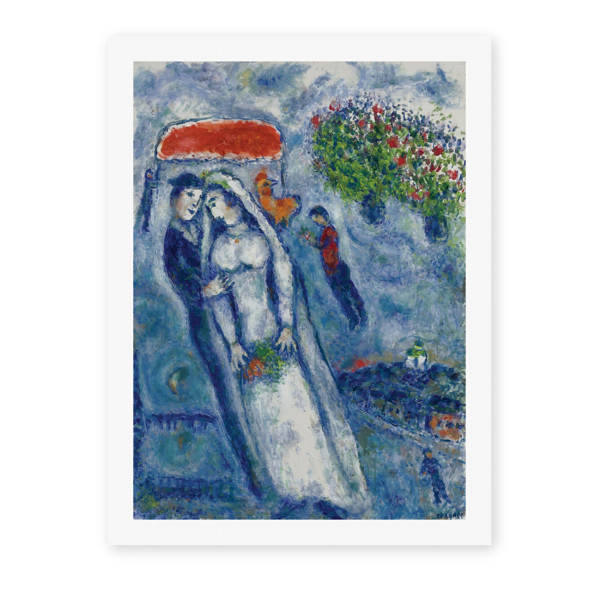 Marc Chagall's 'Les Mariés Sur Fond Bleu' painting reproduced as a rolled canvas print