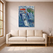 Gallery-wrapped canvas print of Marc Chagall's Les Mariés Sur Fond Bleu displayed on a wall in a living room