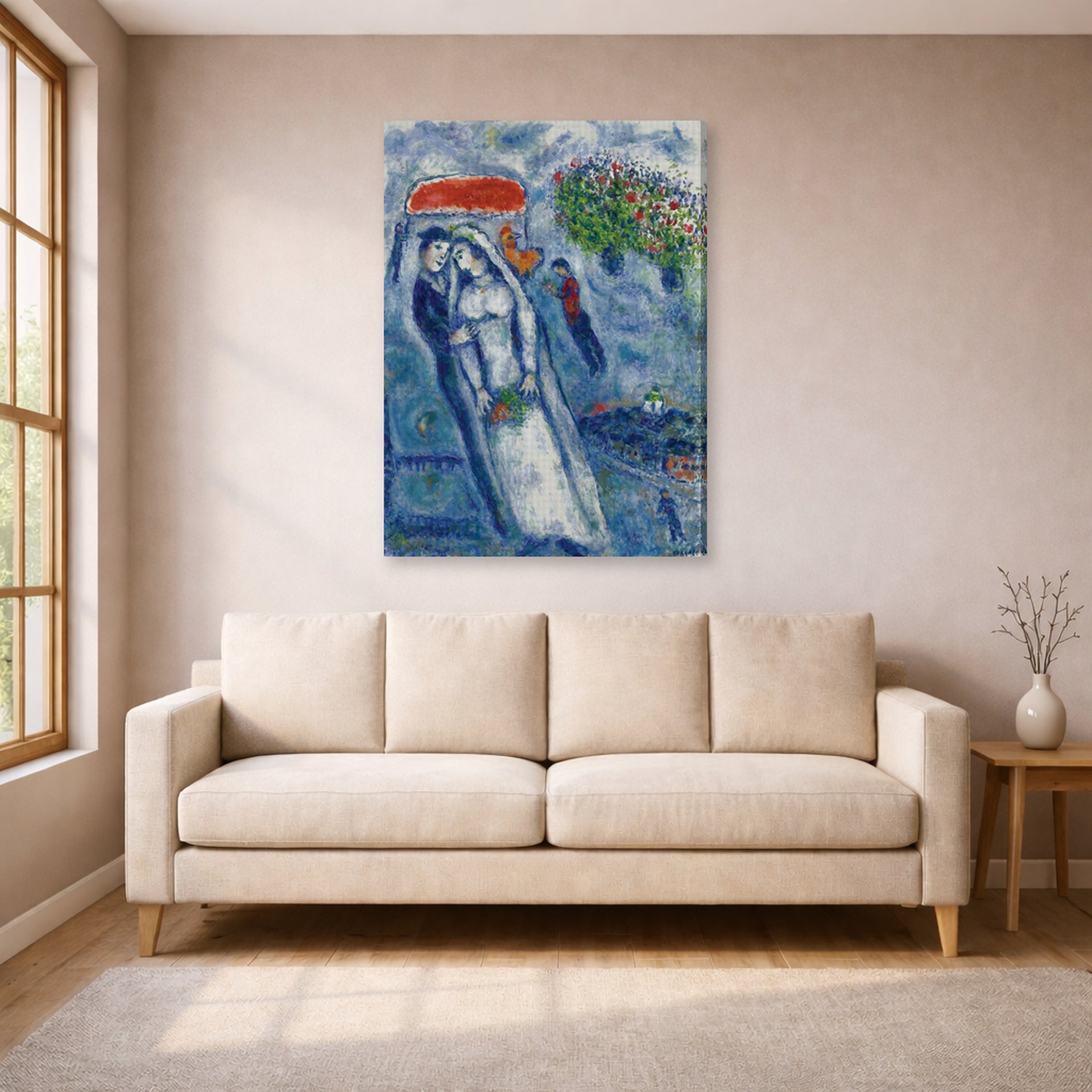 Gallery-wrapped canvas print of Marc Chagall's Les Mariés Sur Fond Bleu displayed on a wall in a living room
