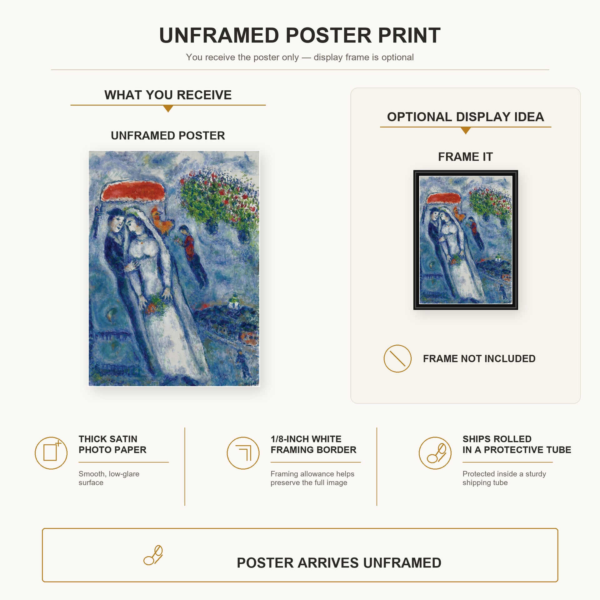 Marc Chagall - Les Mariés Sur Fond Bleu poster print size comparison and framing display infographic