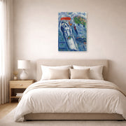 Unframed poster print of Marc Chagall's Les Mariés Sur Fond Bleu displayed on a wall in a bedroom