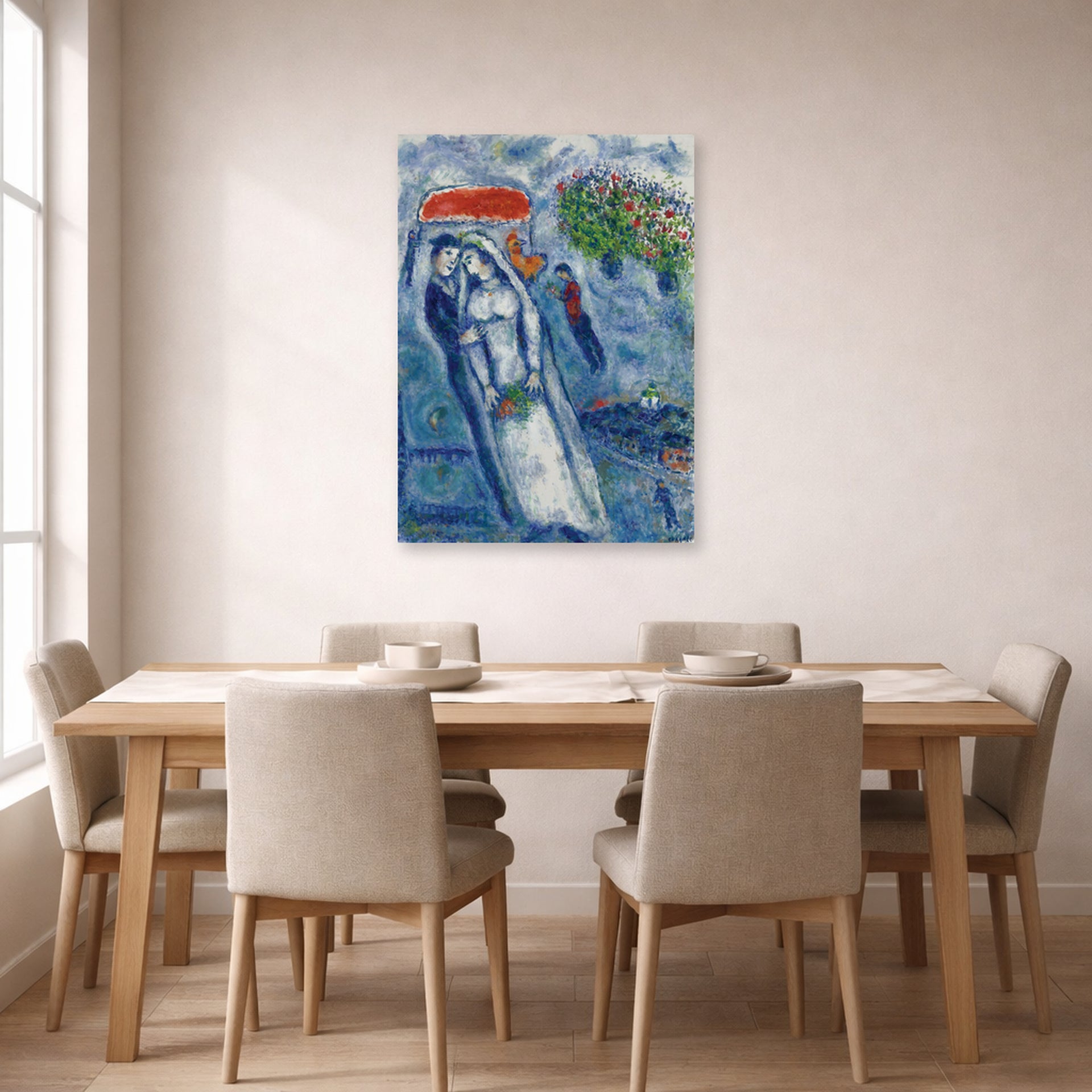 Unframed poster print of Marc Chagall's Les Mariés Sur Fond Bleu displayed on a wall in a dining room