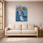 Unframed poster print of Marc Chagall's Les Mariés Sur Fond Bleu displayed on a wall in a living room