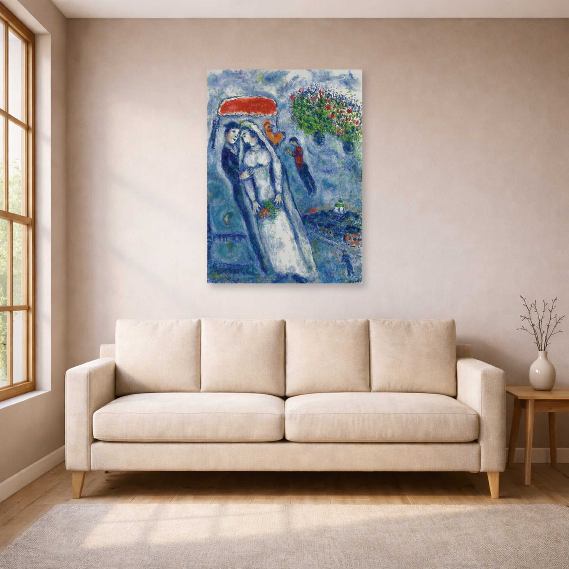 Unframed poster print of Marc Chagall's Les Mariés Sur Fond Bleu displayed on a wall in a living room