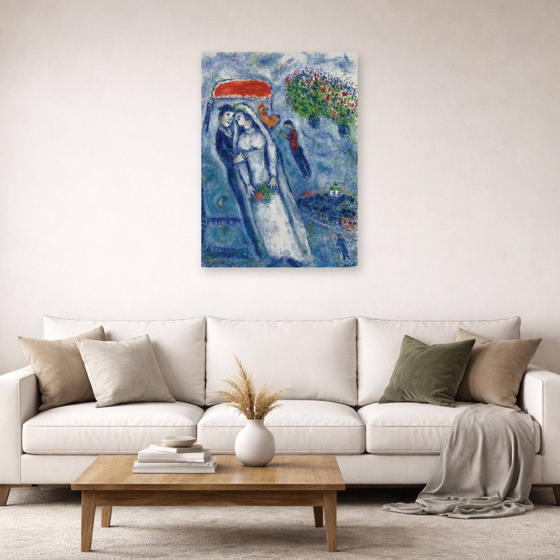 Unframed poster print of Marc Chagall's Les Mariés Sur Fond Bleu displayed on a wall in a living room