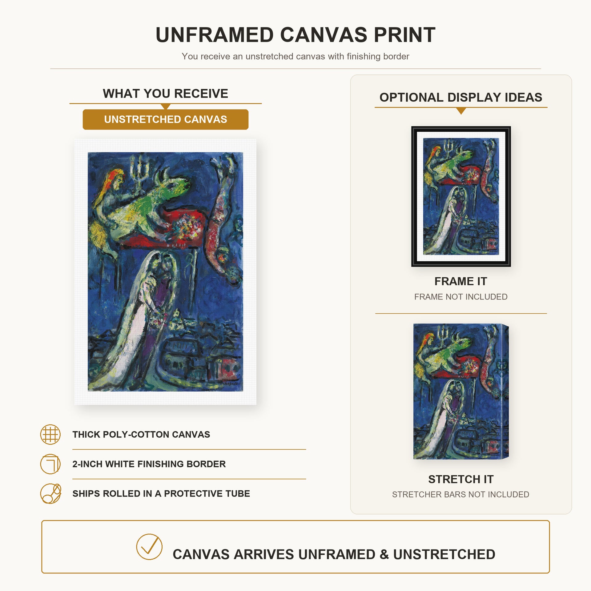Marc Chagall - Les Maries a L'Ane Vert canvas print size comparison and framing display infographic
