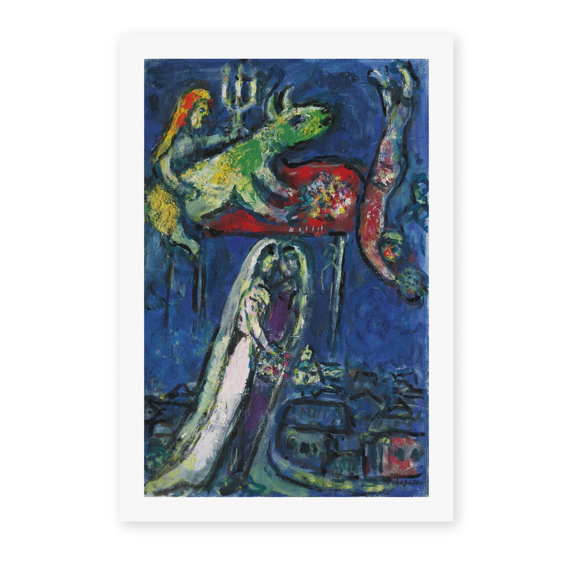 Marc Chagall's 'Les Maries a L'Ane Vert' painting reproduced as a rolled canvas print