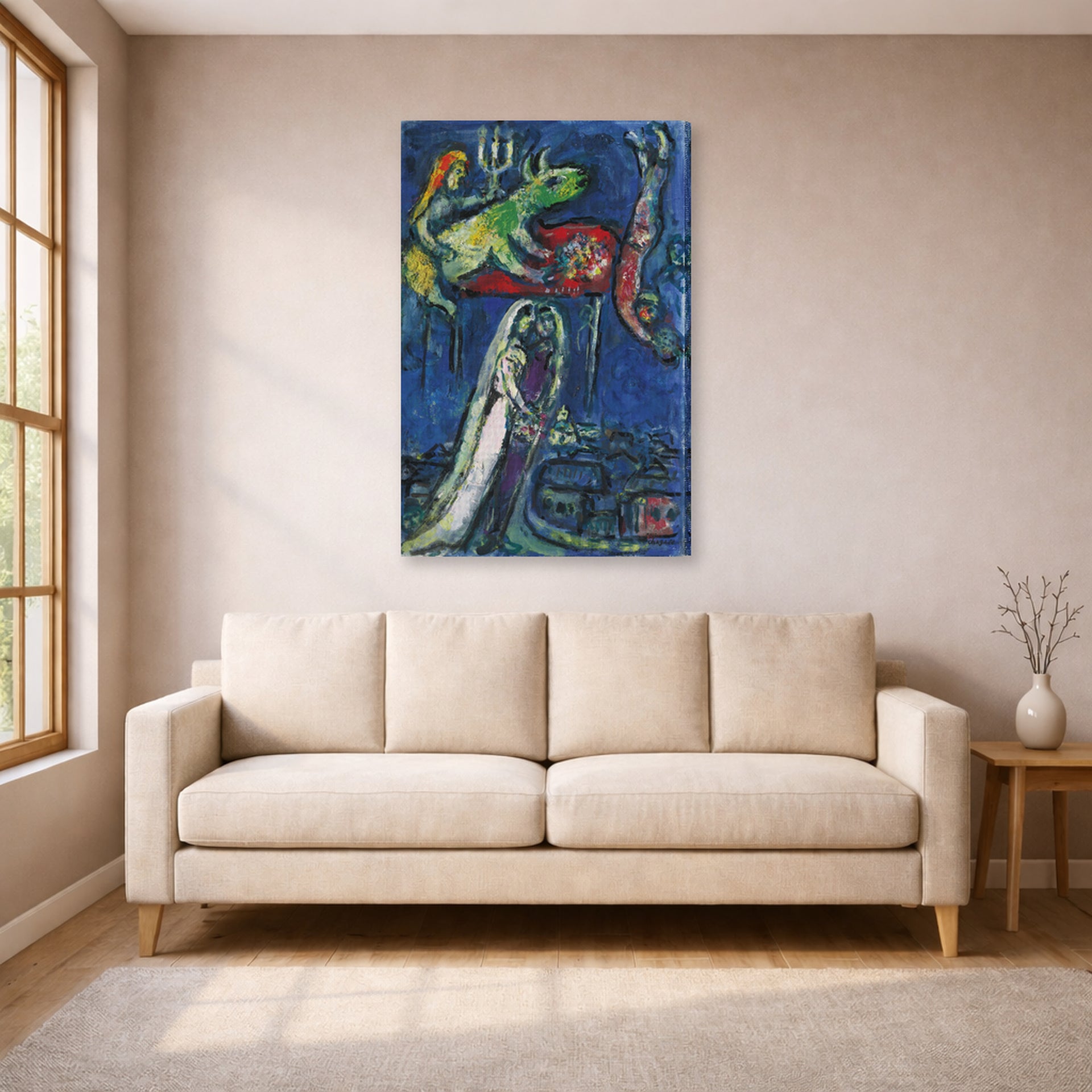 Gallery-wrapped canvas print of Marc Chagall's Les Maries a L'Ane Vert displayed on a wall in a living room
