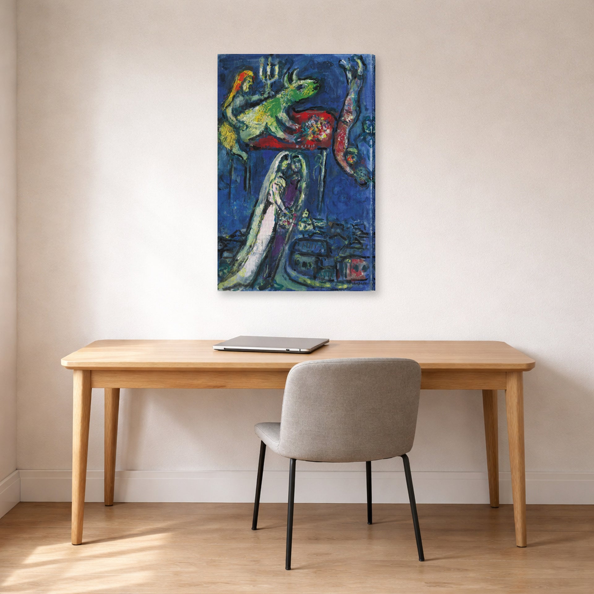 Gallery-wrapped canvas print of Marc Chagall's Les Maries a L'Ane Vert displayed on a wall in an office
