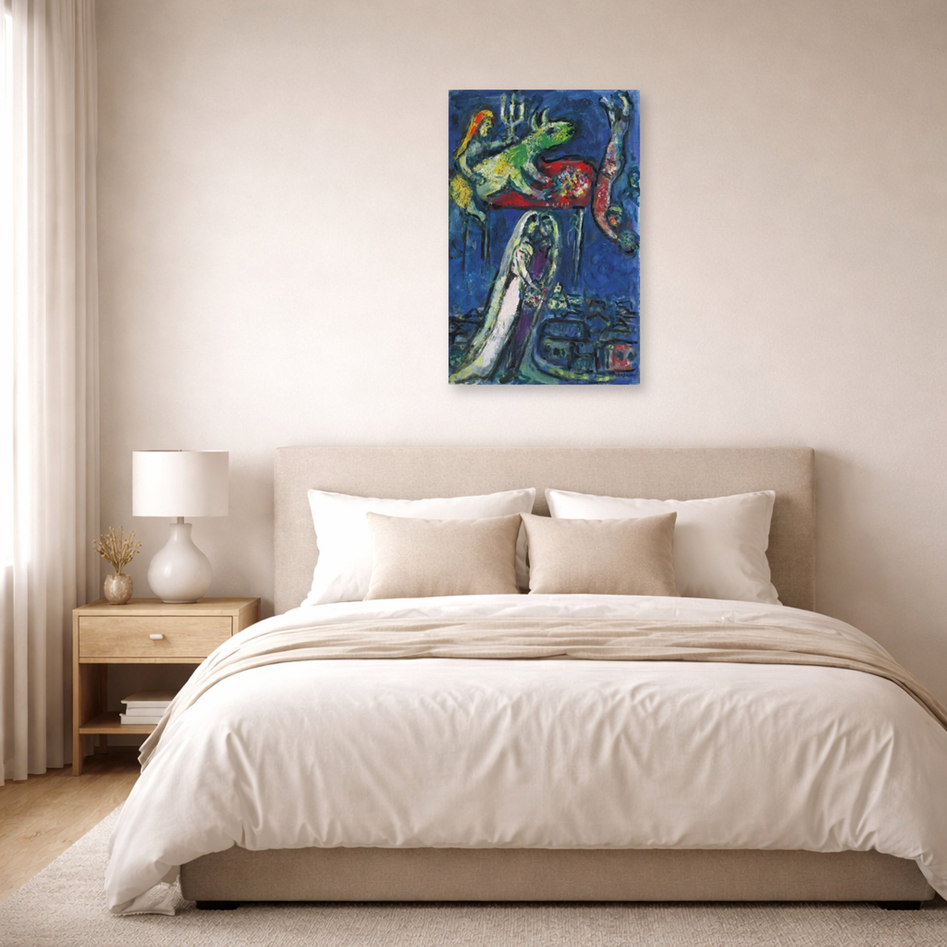 Unframed poster print of Marc Chagall's Les Maries a L'Ane Vert displayed on a wall in a bedroom