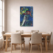 Unframed poster print of Marc Chagall's Les Maries a L'Ane Vert displayed on a wall in a dining room