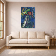 Unframed poster print of Marc Chagall's Les Maries a L'Ane Vert displayed on a wall in a living room