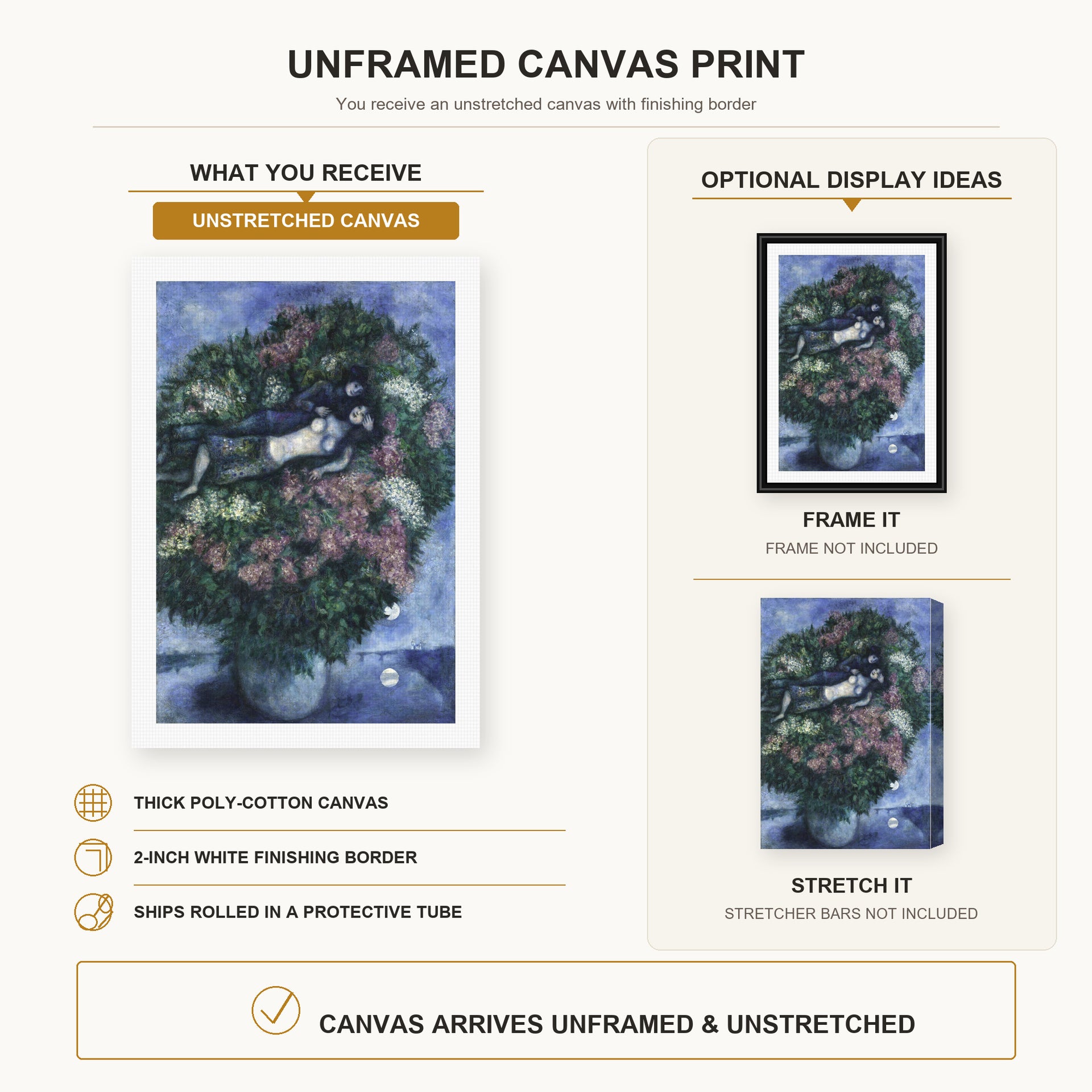 Marc Chagall - Lovers Among the Lilacs canvas print size comparison and framing display infographic