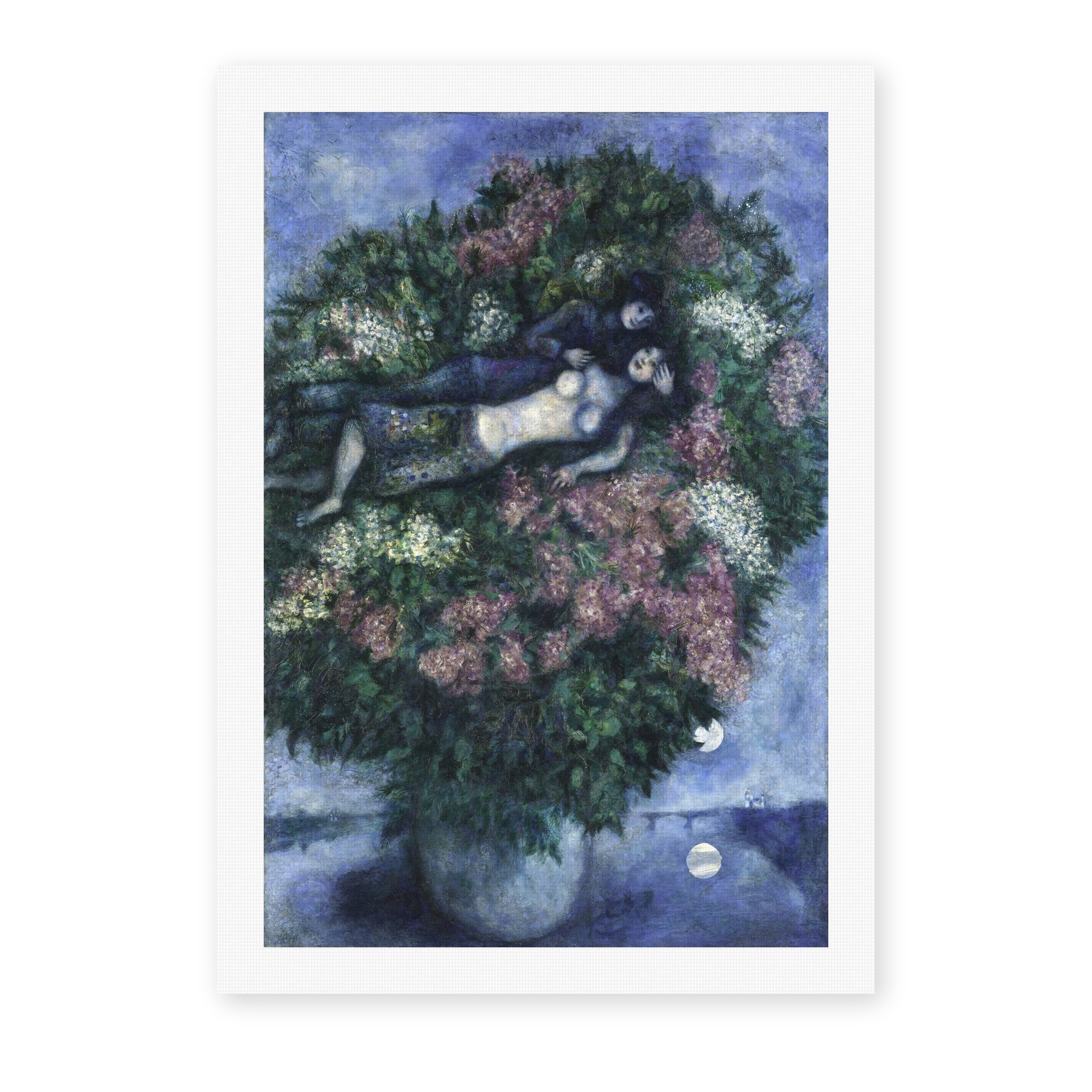 Marc Chagall's 'Lovers Among the Lilacs' painting reproduced as a rolled canvas print