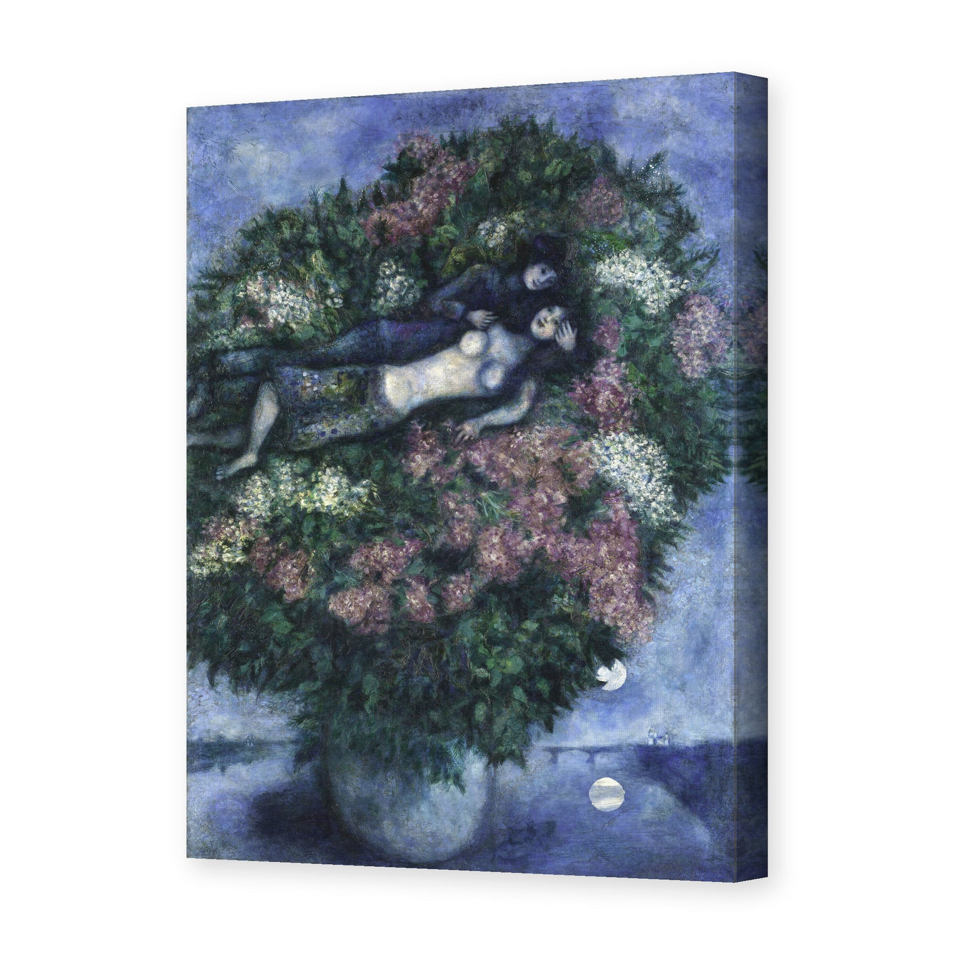 Marc Chagall's 'Lovers Among the Lilacs' painting reproduced as a gallery-wrapped canvas print
