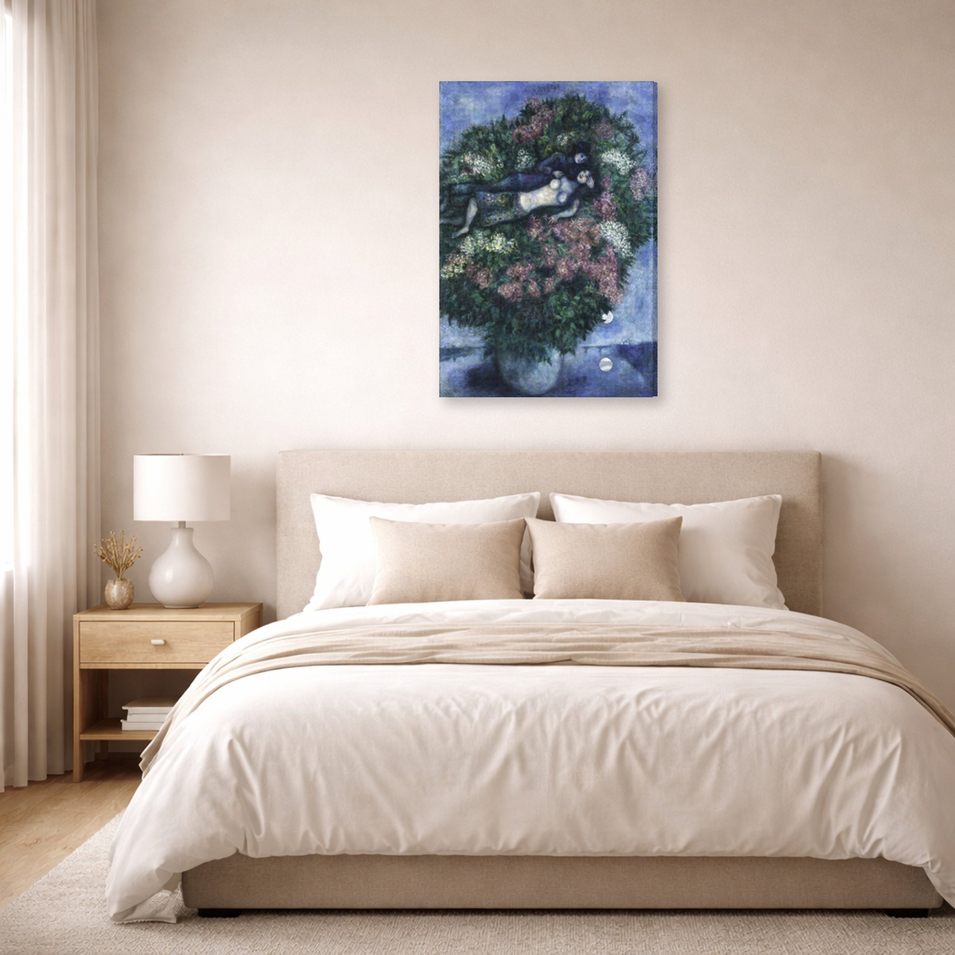 Gallery-wrapped canvas print of Marc Chagall's Lovers Among the Lilacs displayed on a wall in a bedroom