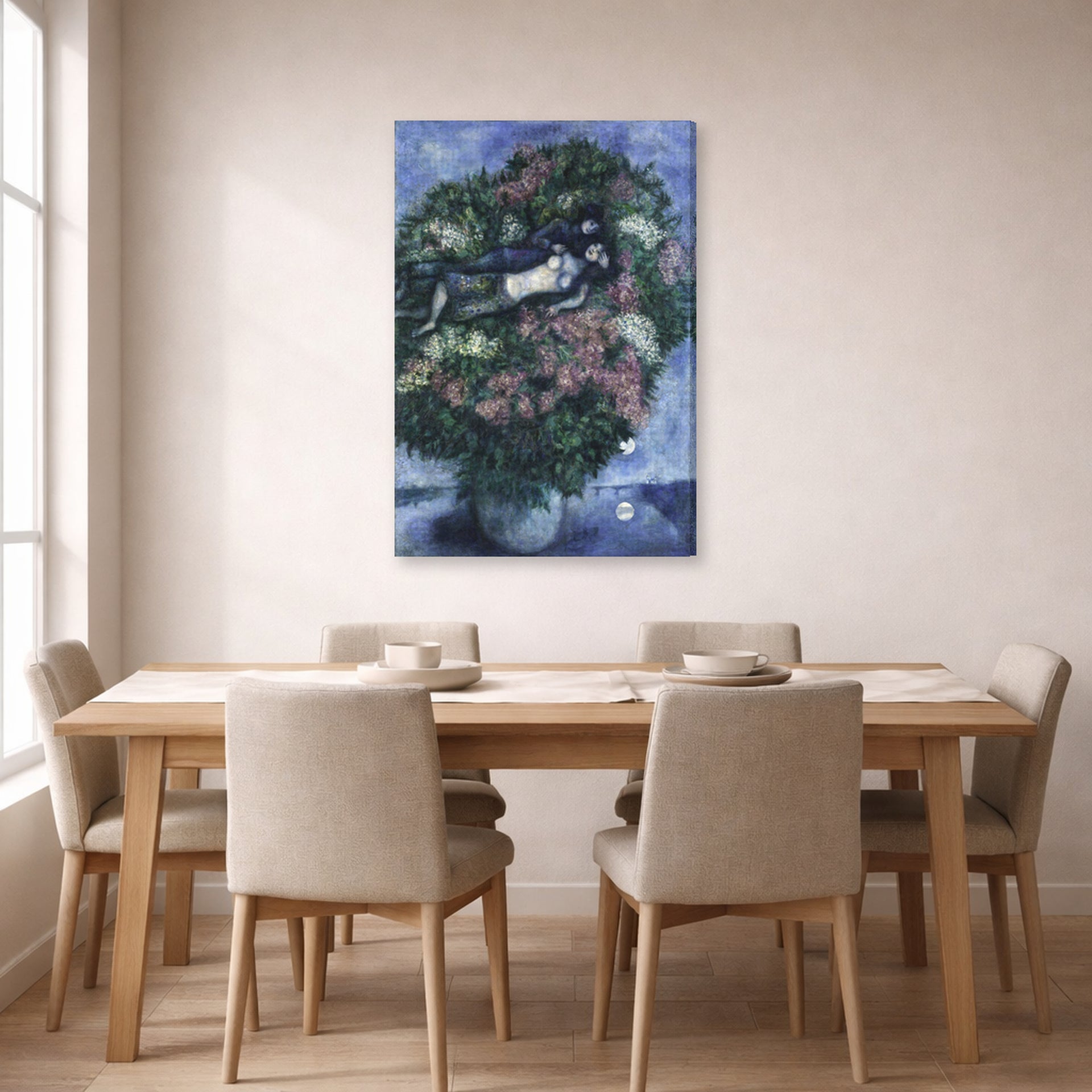 Gallery-wrapped canvas print of Marc Chagall's Lovers Among the Lilacs displayed on a wall in a dining room