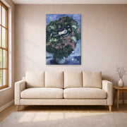 Gallery-wrapped canvas print of Marc Chagall's Lovers Among the Lilacs displayed on a wall in a living room