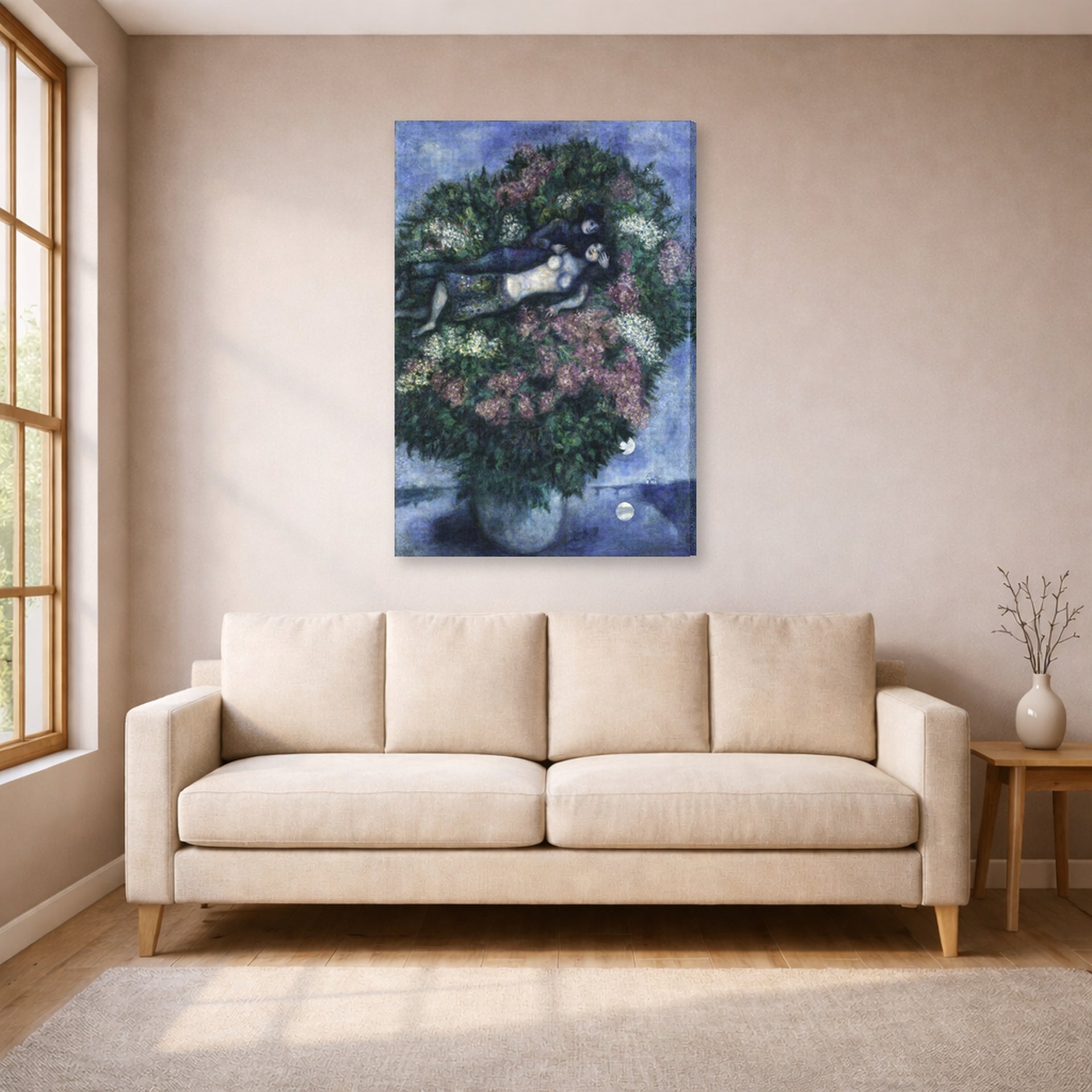 Gallery-wrapped canvas print of Marc Chagall's Lovers Among the Lilacs displayed on a wall in a living room
