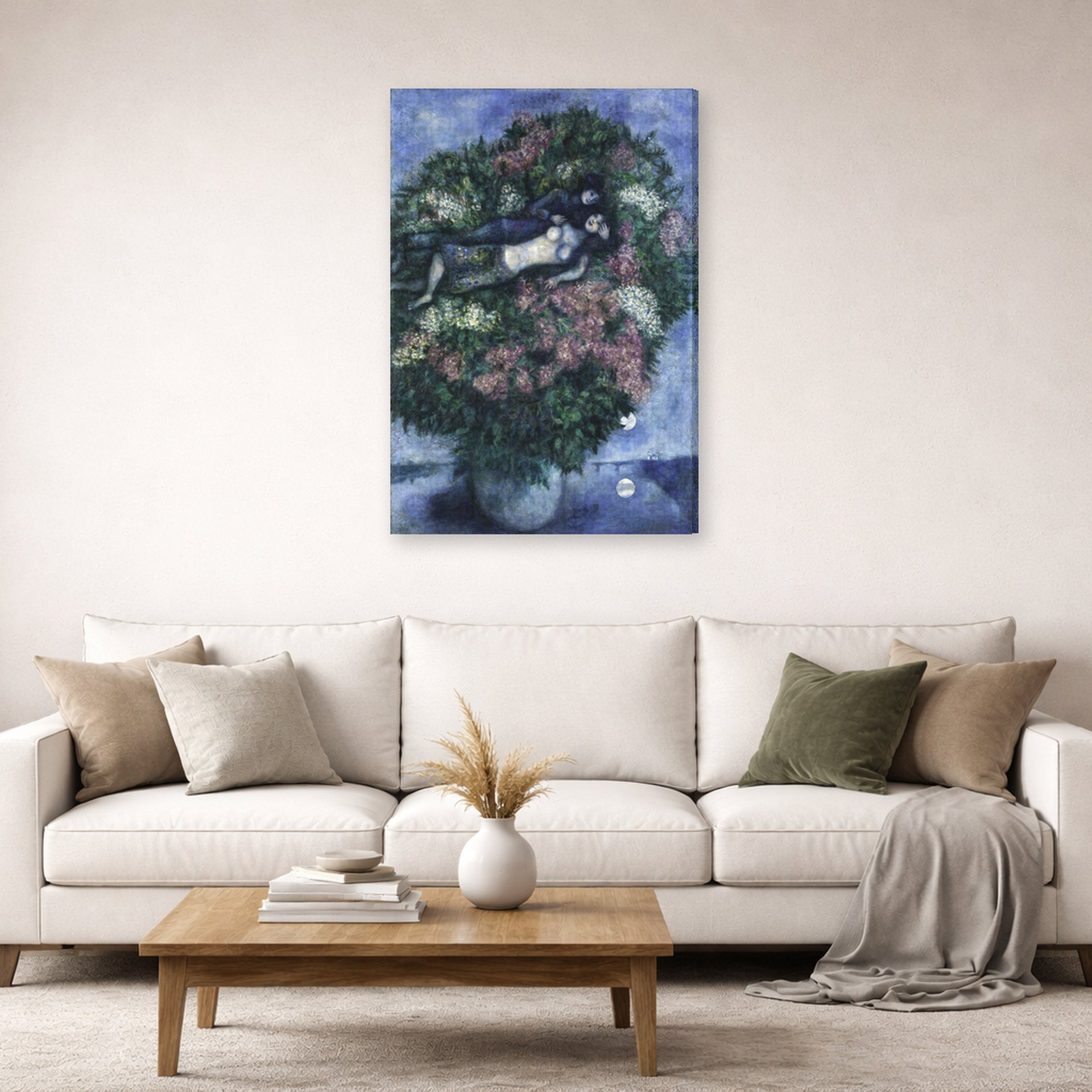 Gallery-wrapped canvas print of Marc Chagall's Lovers Among the Lilacs displayed on a wall in a living room