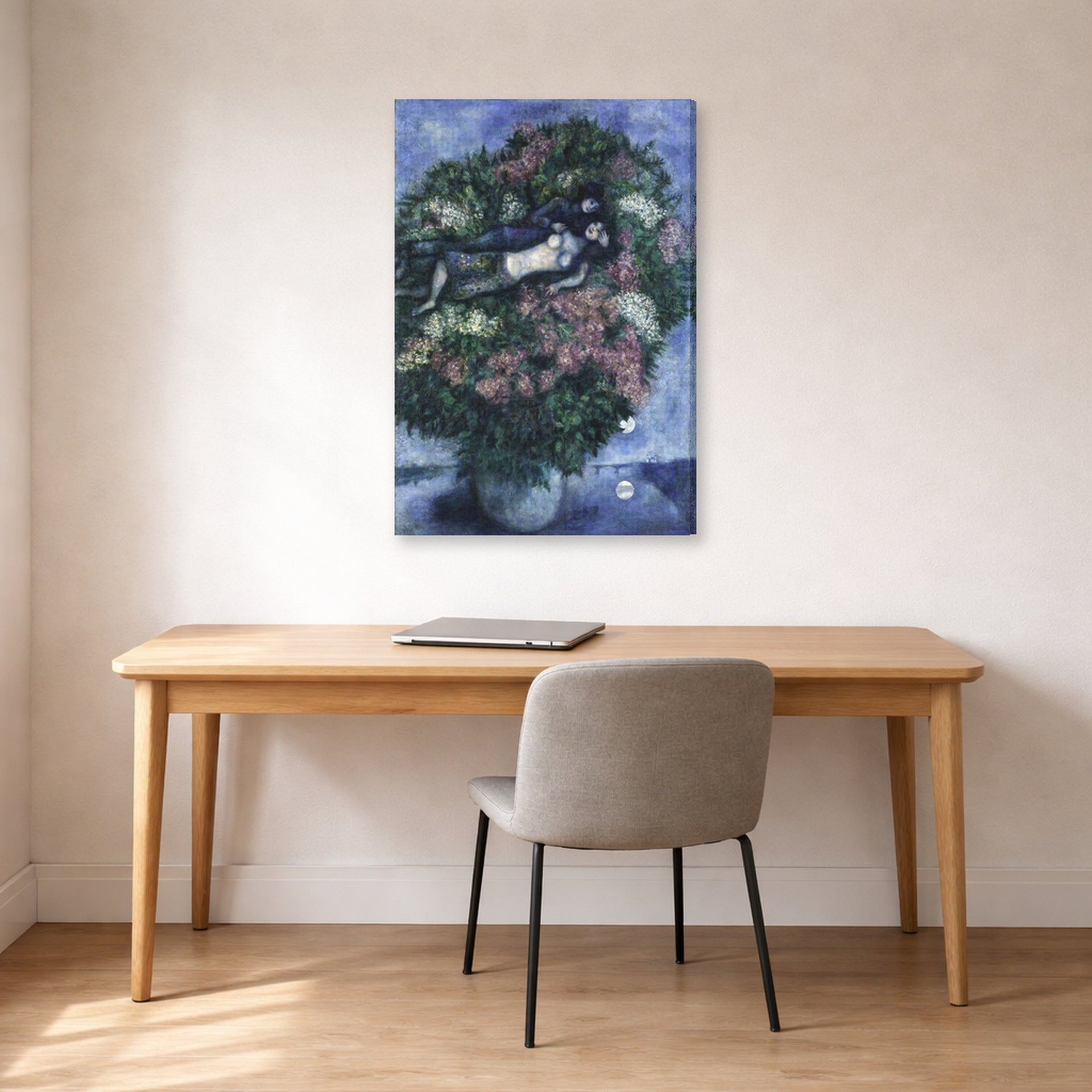 Gallery-wrapped canvas print of Marc Chagall's Lovers Among the Lilacs displayed on a wall in an office