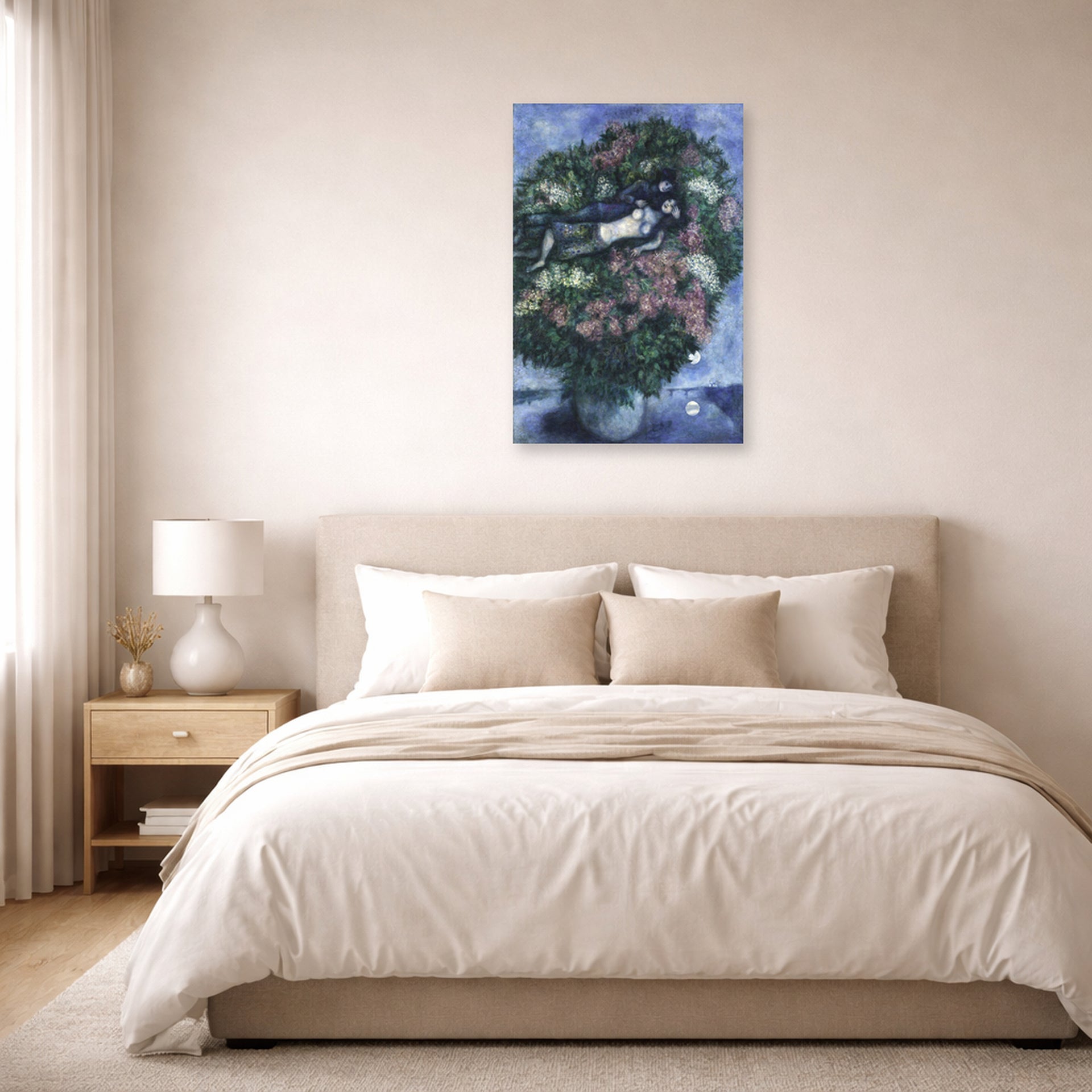 Unframed poster print of Marc Chagall's Lovers Among the Lilacs displayed on a wall in a bedroom