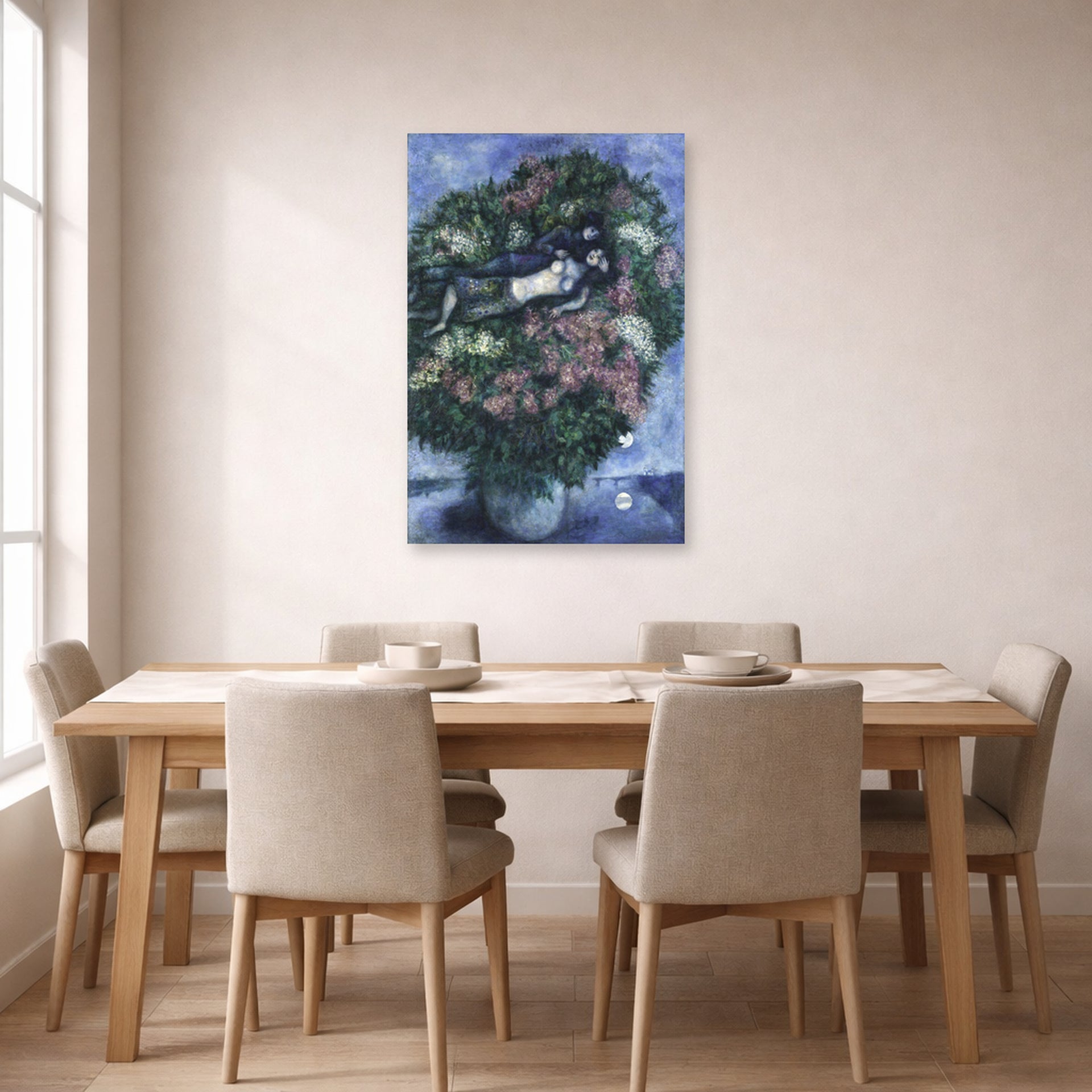 Unframed poster print of Marc Chagall's Lovers Among the Lilacs displayed on a wall in a dining room