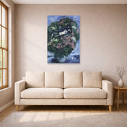 Unframed poster print of Marc Chagall's Lovers Among the Lilacs displayed on a wall in a living room