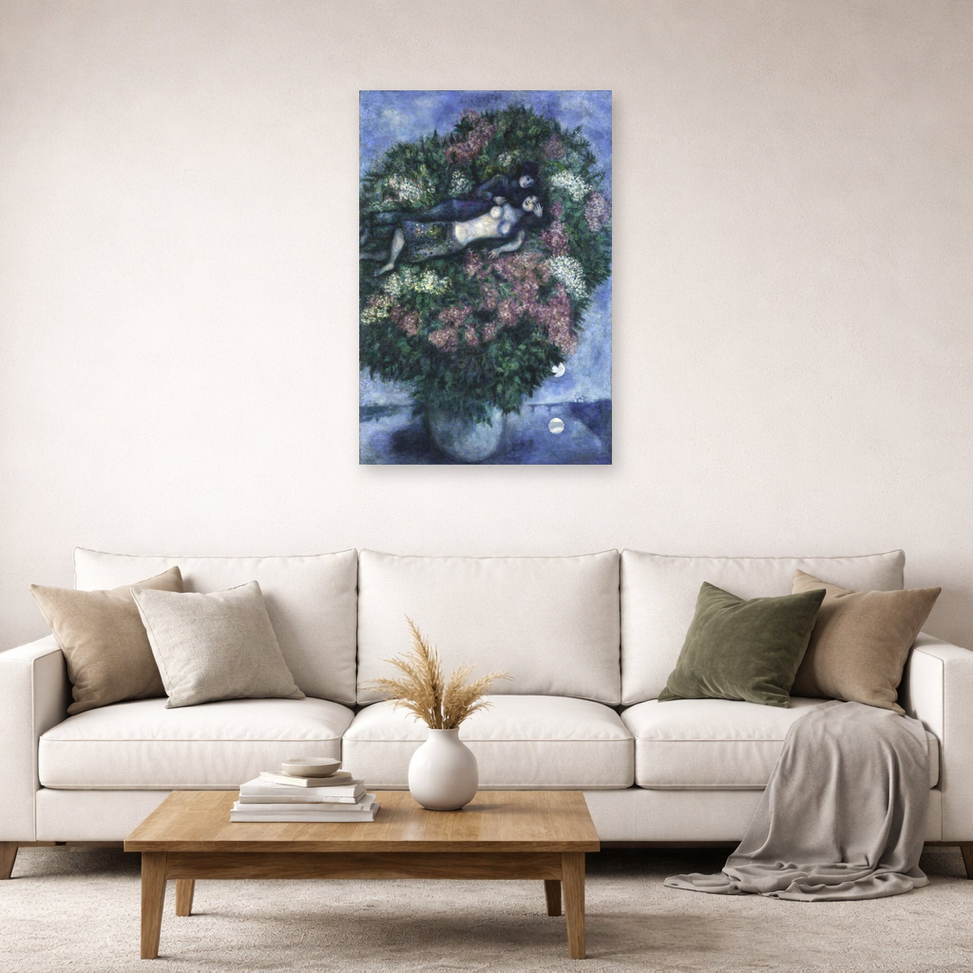 Unframed poster print of Marc Chagall's Lovers Among the Lilacs displayed on a wall in a living room