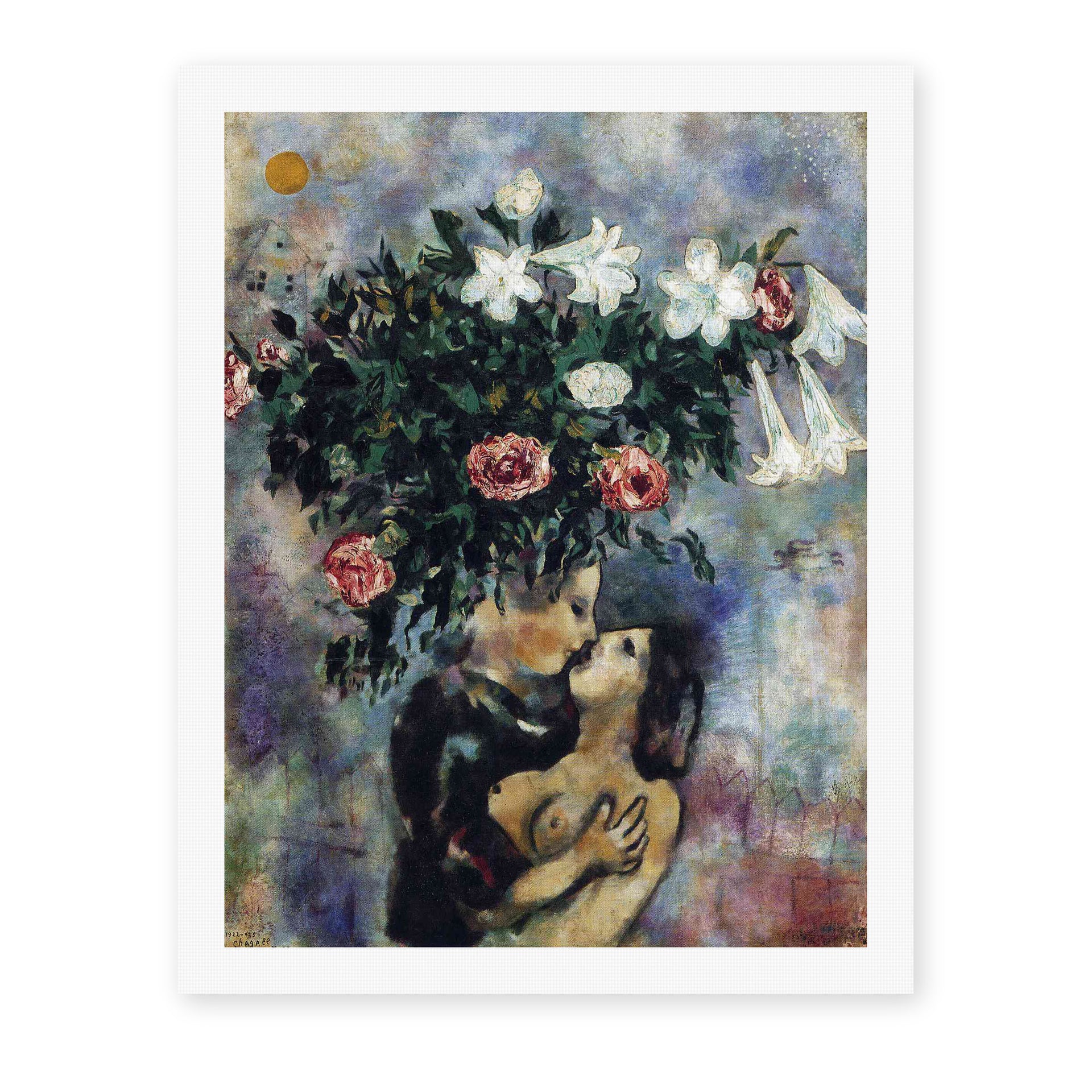 Marc Chagall's 'Lovers Under Lilies' painting reproduced as a rolled canvas print