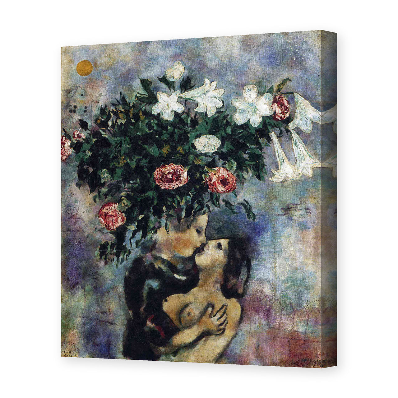 Marc Chagall's 'Lovers Under Lilies' painting reproduced as a gallery-wrapped canvas print