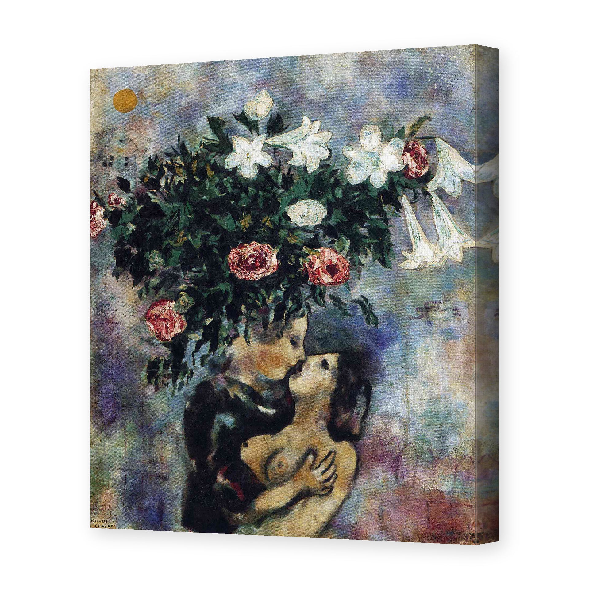 Marc Chagall's 'Lovers Under Lilies' painting reproduced as a gallery-wrapped canvas print