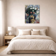 Gallery-wrapped canvas print of Marc Chagall's Lovers Under Lilies displayed on a wall in a bedroom
