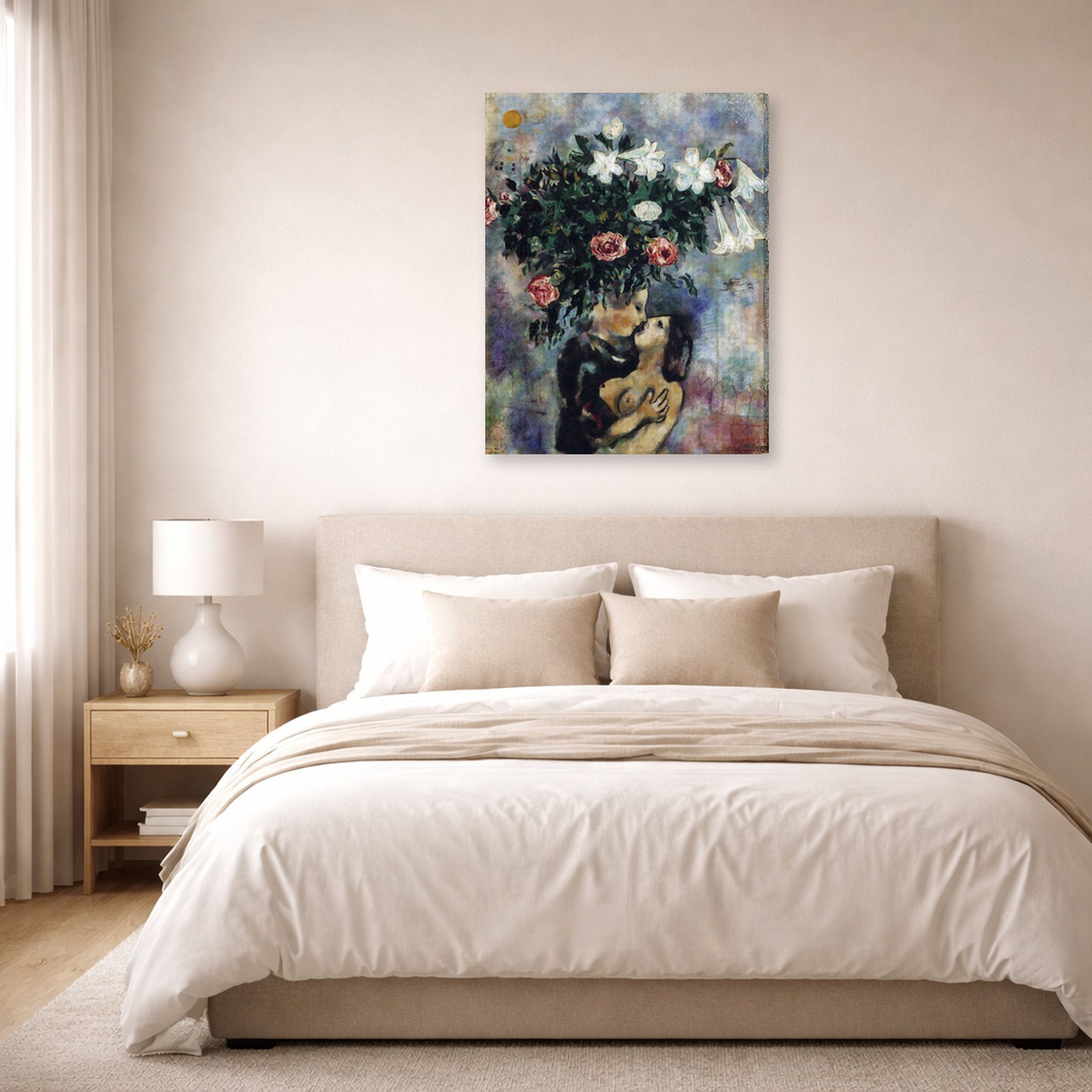 Gallery-wrapped canvas print of Marc Chagall's Lovers Under Lilies displayed on a wall in a bedroom