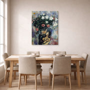 Gallery-wrapped canvas print of Marc Chagall's Lovers Under Lilies displayed on a wall in a dining room