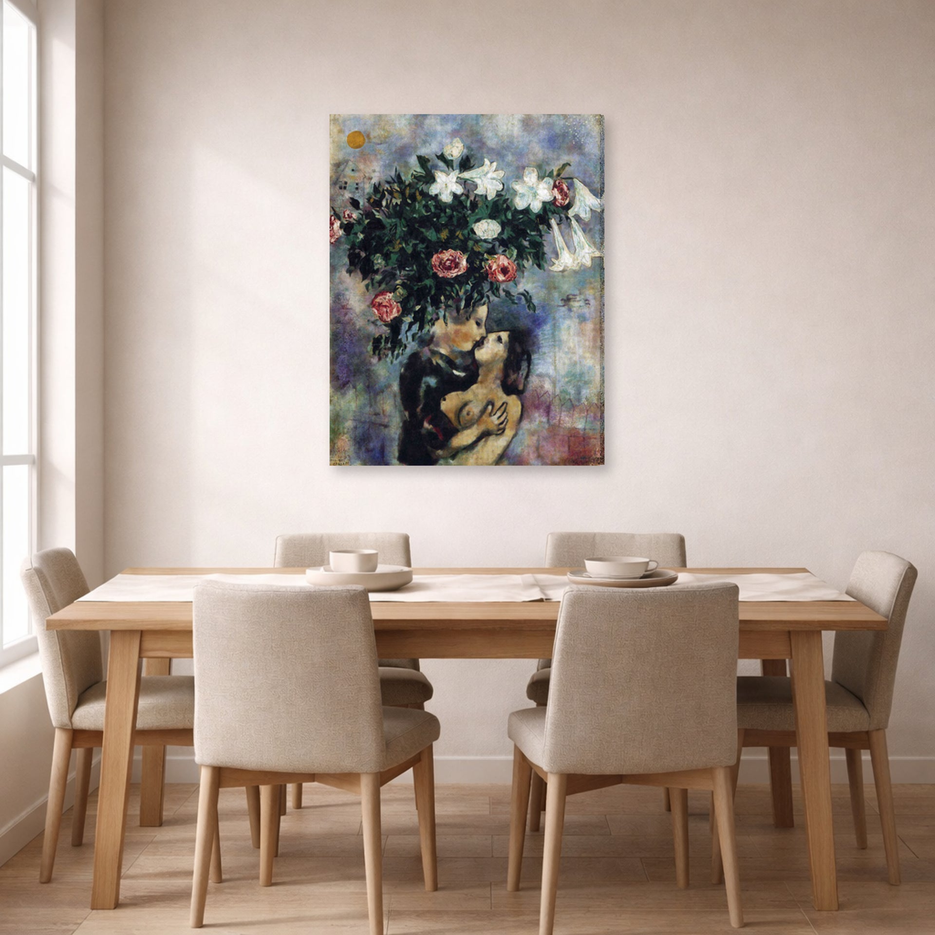 Gallery-wrapped canvas print of Marc Chagall's Lovers Under Lilies displayed on a wall in a dining room