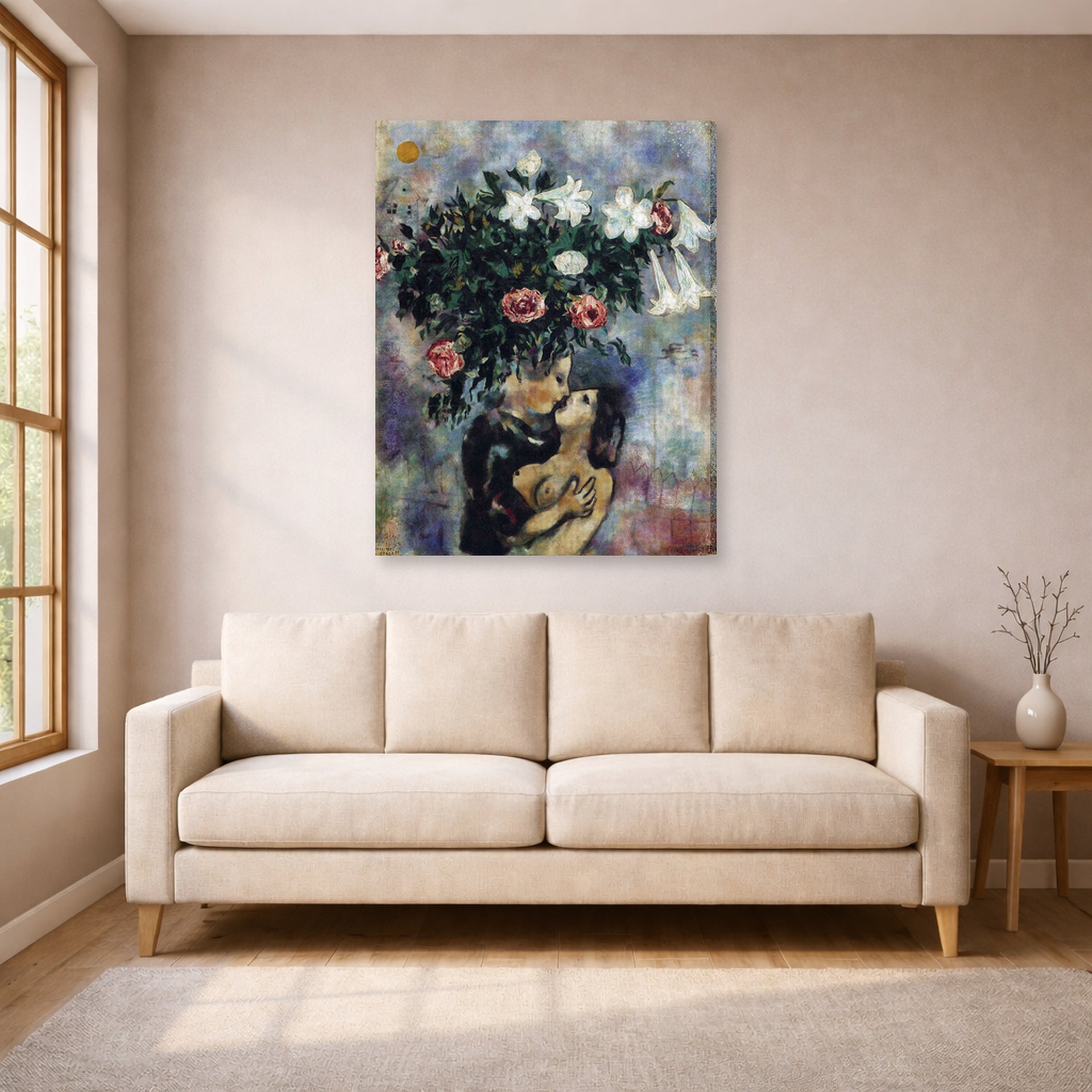 Gallery-wrapped canvas print of Marc Chagall's Lovers Under Lilies displayed on a wall in a living room