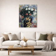 Gallery-wrapped canvas print of Marc Chagall's Lovers Under Lilies displayed on a wall in a living room
