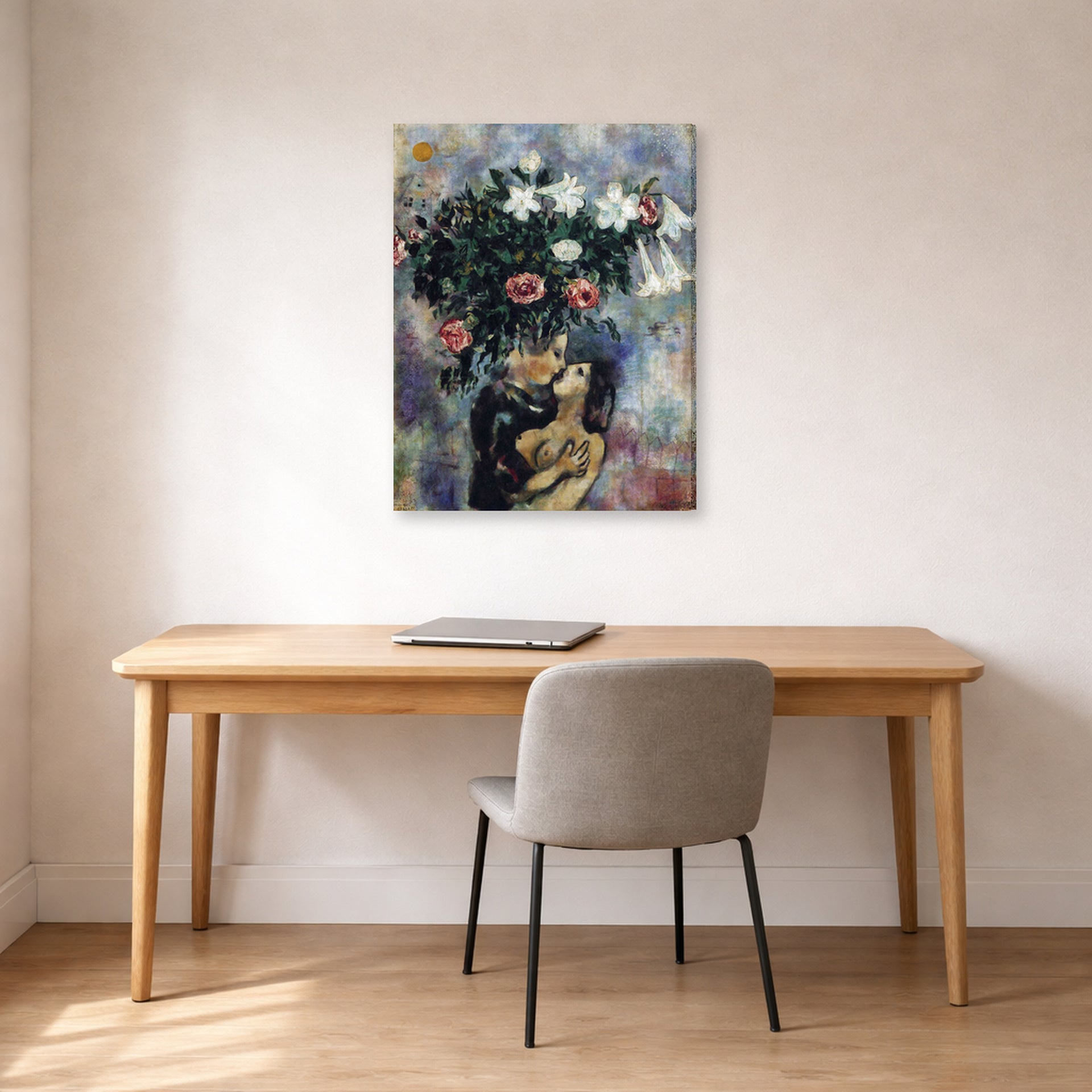 Gallery-wrapped canvas print of Marc Chagall's Lovers Under Lilies displayed on a wall in an office