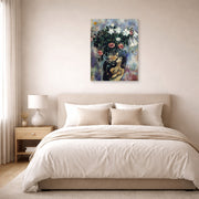Unframed poster print of Marc Chagall's Lovers Under Lilies displayed on a wall in a bedroom