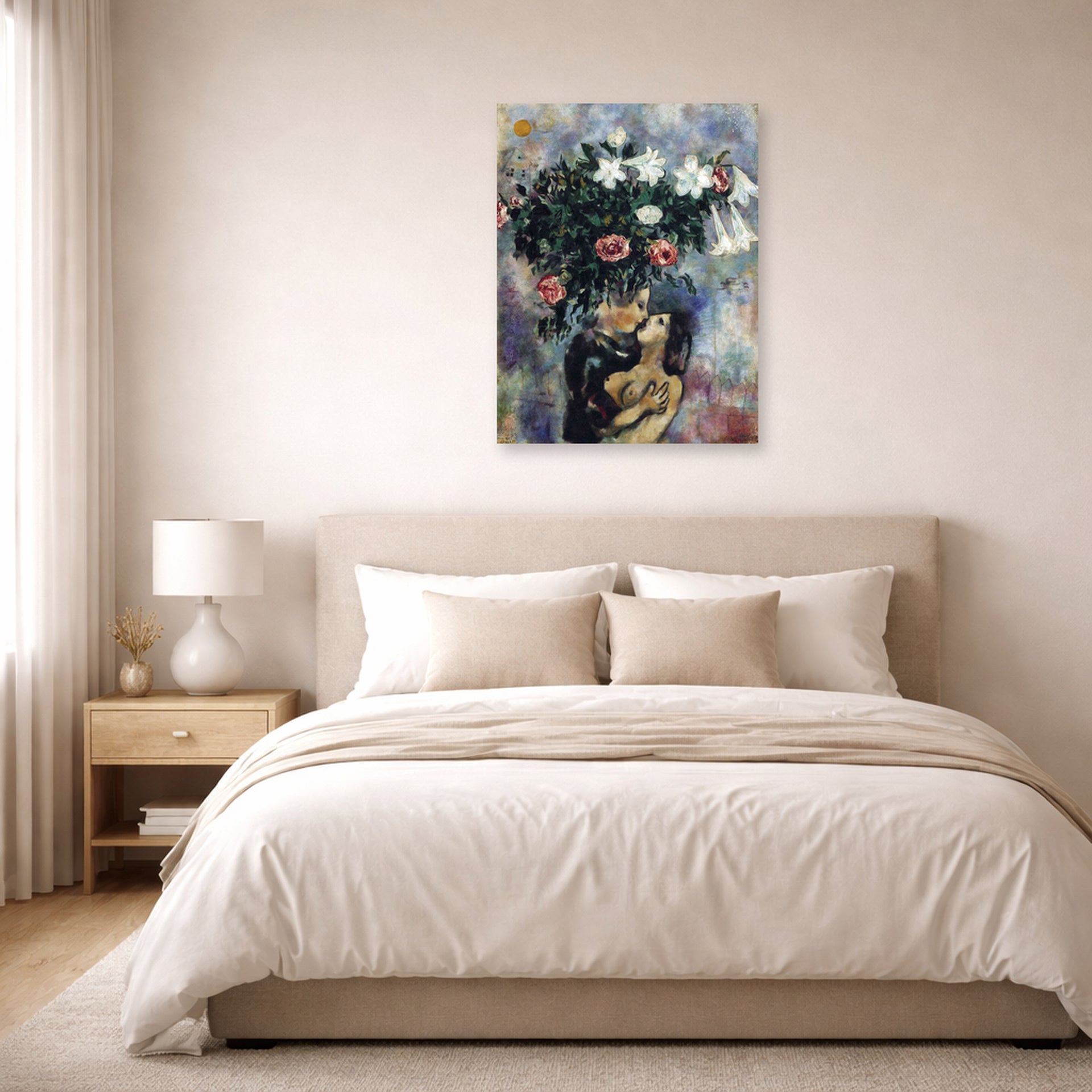 Unframed poster print of Marc Chagall's Lovers Under Lilies displayed on a wall in a bedroom