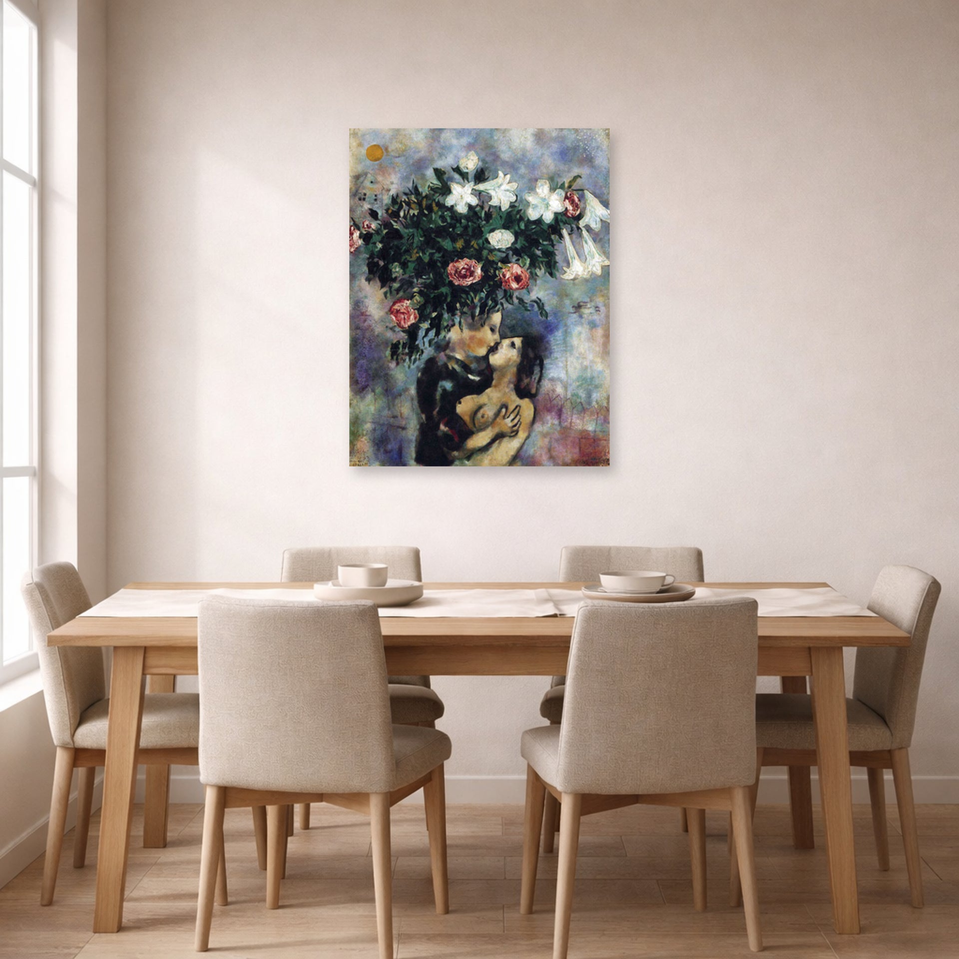Unframed poster print of Marc Chagall's Lovers Under Lilies displayed on a wall in a dining room