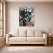 Unframed poster print of Marc Chagall's Lovers Under Lilies displayed on a wall in a living room