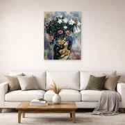 Unframed poster print of Marc Chagall's Lovers Under Lilies displayed on a wall in a living room