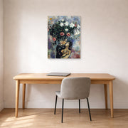Unframed poster print of Marc Chagall's Lovers Under Lilies displayed on a wall in an office