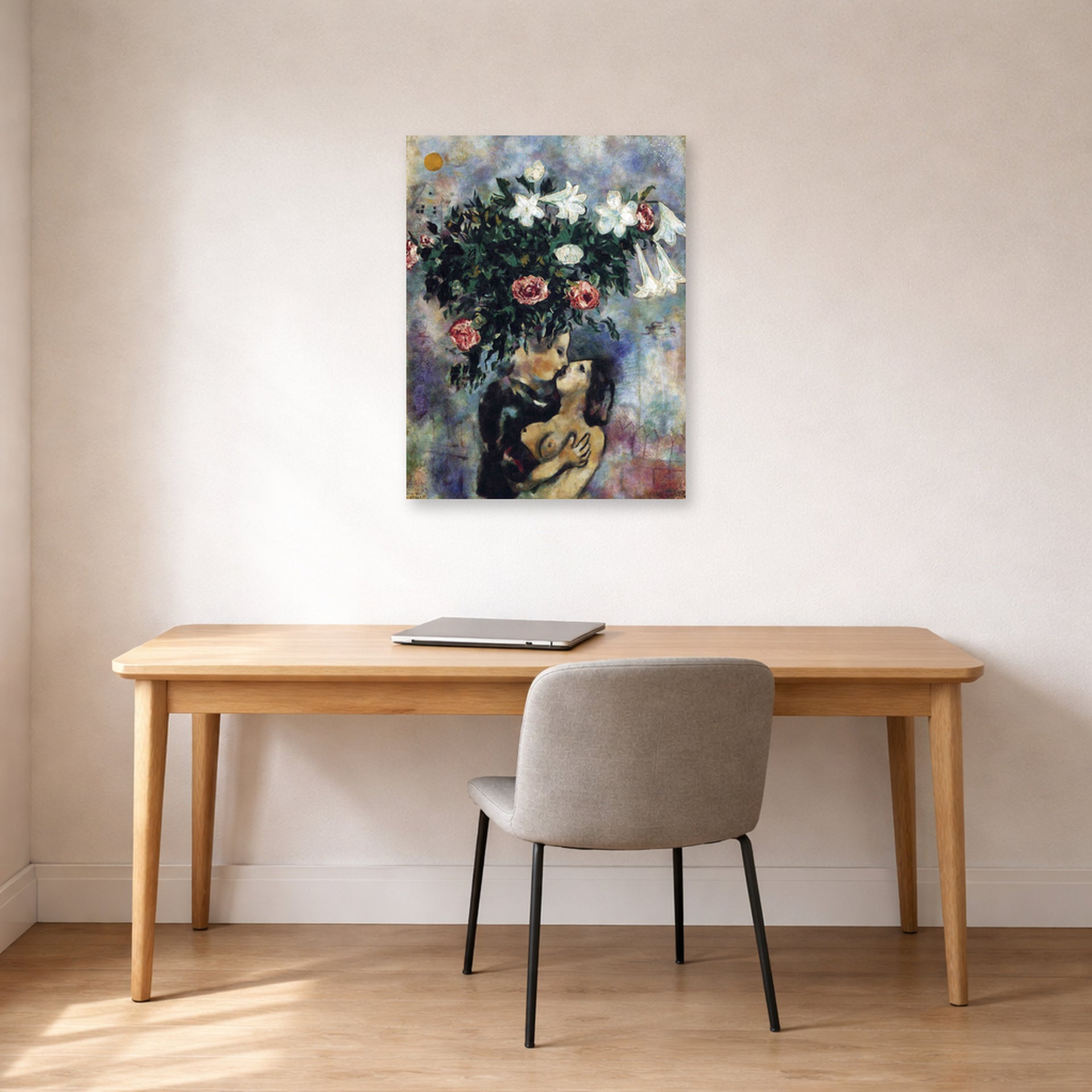 Unframed poster print of Marc Chagall's Lovers Under Lilies displayed on a wall in an office