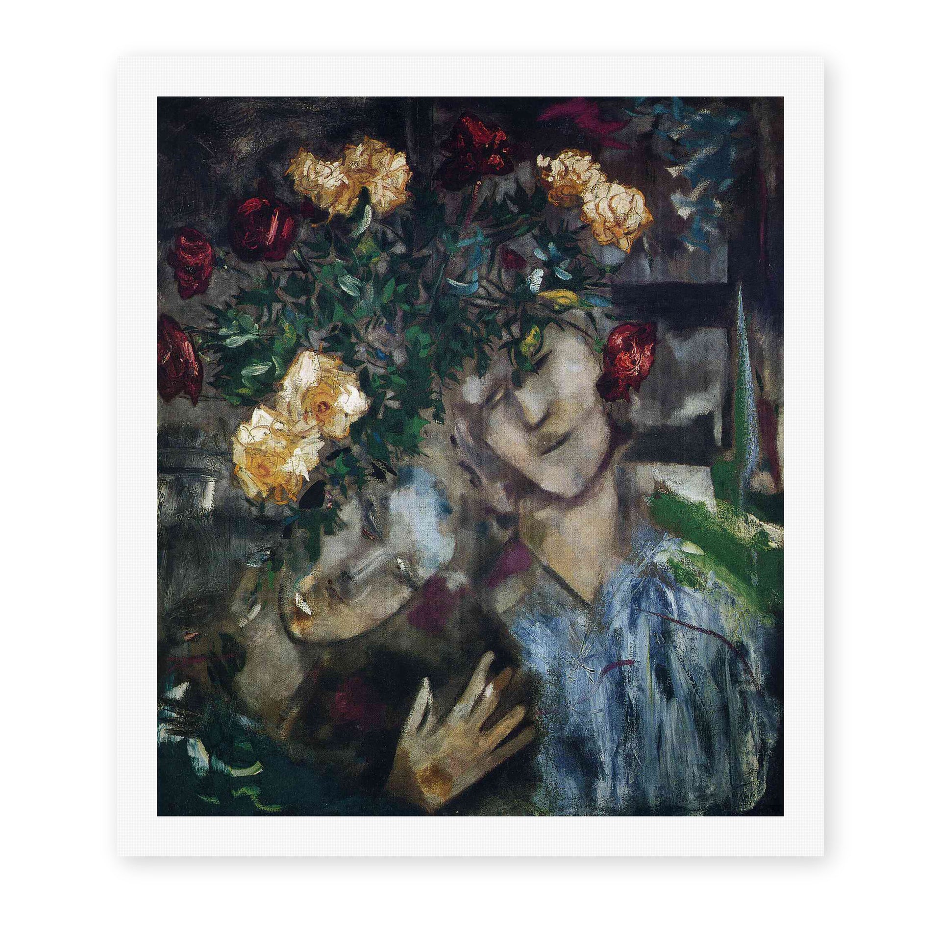 Marc Chagall's 'Lovers with Flowers' painting reproduced as a rolled canvas print