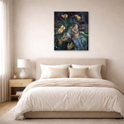 Gallery-wrapped canvas print of Marc Chagall's Lovers with Flowers displayed on a wall in a bedroom