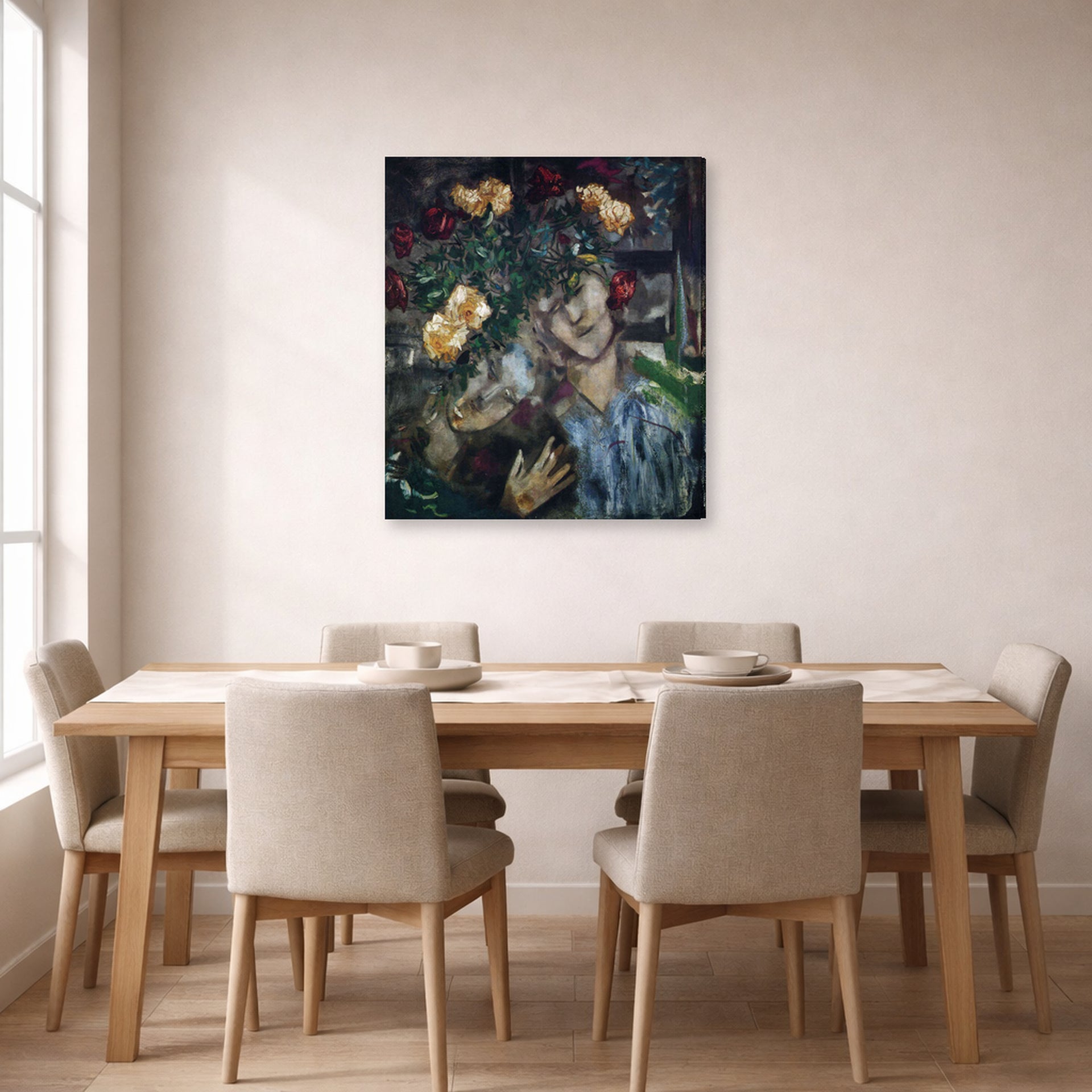 Gallery-wrapped canvas print of Marc Chagall's Lovers with Flowers displayed on a wall in a dining room