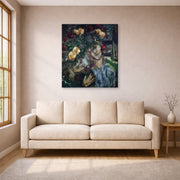 Gallery-wrapped canvas print of Marc Chagall's Lovers with Flowers displayed on a wall in a living room